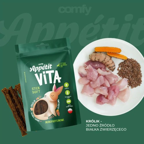 Comfy Appetit Vita Stick Soft Królik – opakowanie obok talerza ze składnikami i miękkich pałeczek