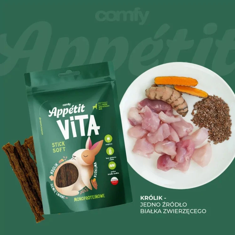 Comfy Appetit Vita Stick Soft Królik – opakowanie obok talerza ze składnikami i miękkich pałeczek