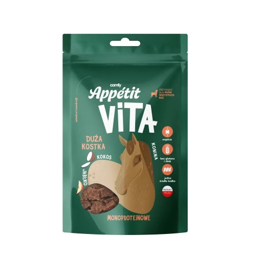 Opakowanie Comfy Appetit Vita Duża Kostka Konina z grafiką konia, kokosa i jabłka.