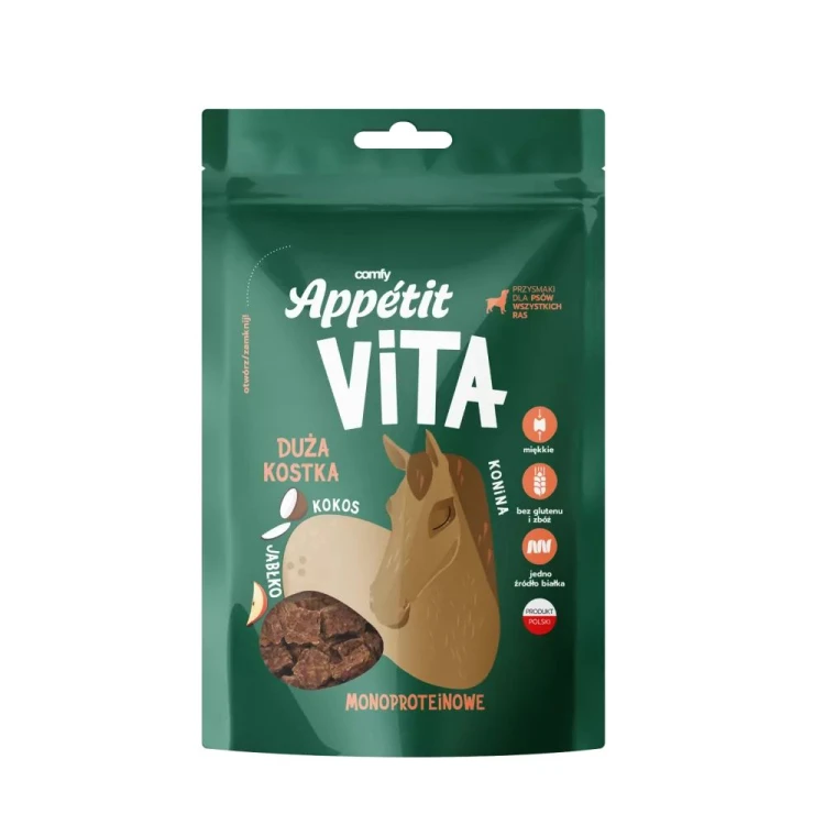 Opakowanie Comfy Appetit Vita Duża Kostka Konina z grafiką konia, kokosa i jabłka.