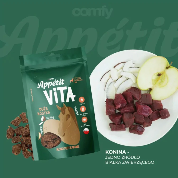 Comfy Appetit Vita Konina obok miski z kawałkami mięsa, jabłkiem i kokosem.