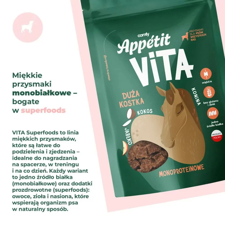 Zielone opakowanie Comfy Appetit Vita Duża Kostka Konina z informacją o miękkich przysmakach monobiałkowych.