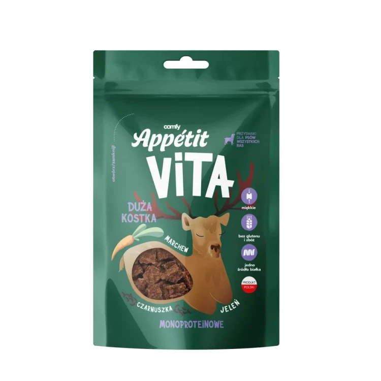 Opakowanie Comfy Appetit Vita Duża Kostka Jeleń 80 g z widocznymi kawałkami przysmaku