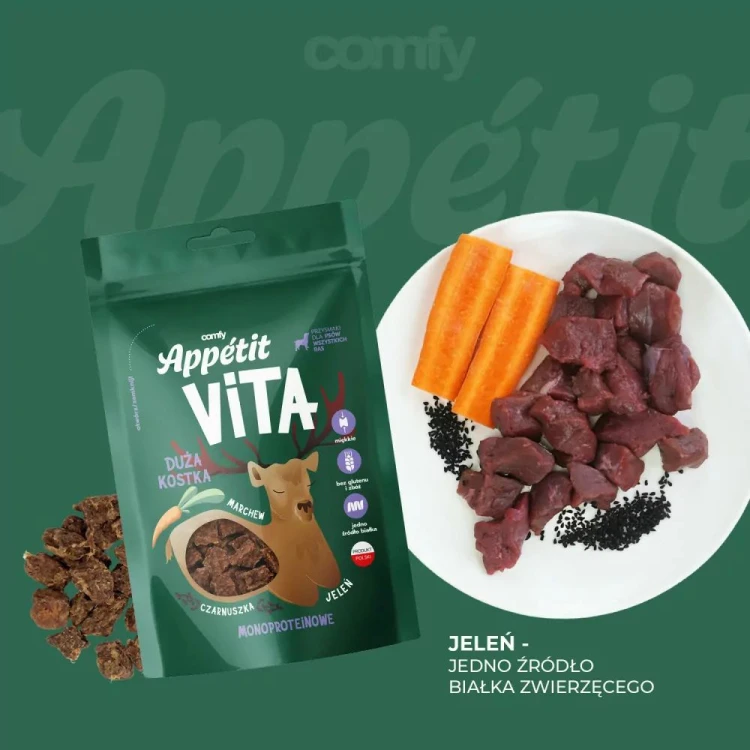 Comfy Appetit Vita Jeleń z marchewką, czarnuszką i kawałkami mięsa na talerzu