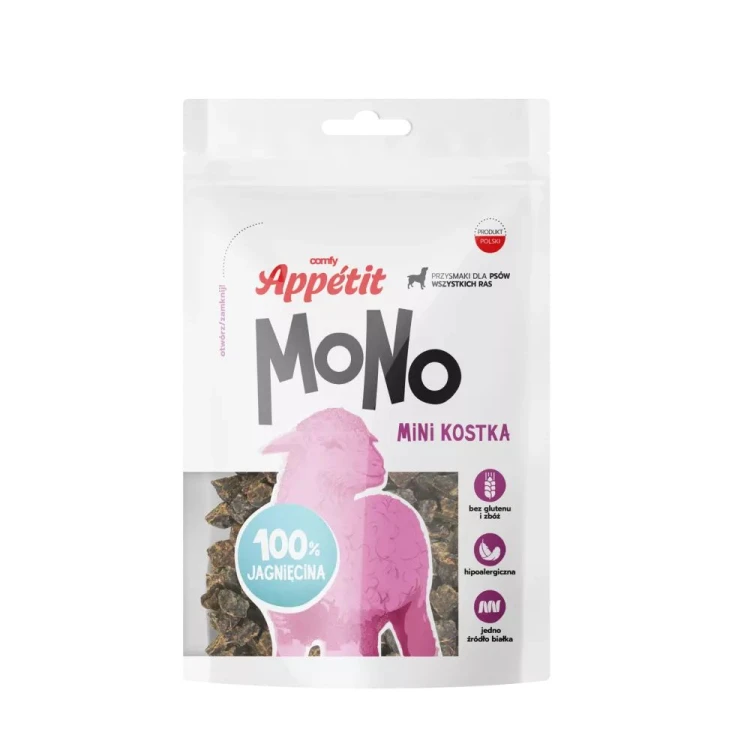 Comfy Appetit Mono Mini Kostka Jagnięcina 80g – opakowanie przysmaków dla psa widoczne z przodu