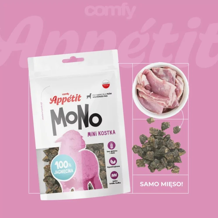 Comfy Appetit Mono Mini Kostka Jagnięcina – opakowanie na różowym tle z widocznymi kostkami przysmaku i miską z mięsem