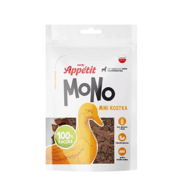 Comfy Appetit Mono Mini Kostka Kaczka 80g opakowanie przysmaku dla psa z grafiką kaczki