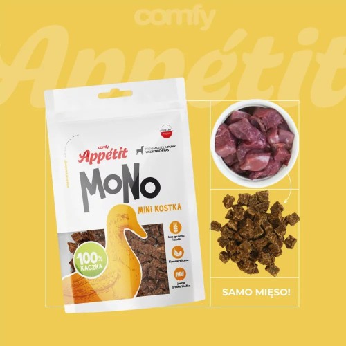 Comfy Appetit Mono Mini Kostka Kaczka 80g z mini kostkami przysmaku i opakowaniem na żółtym tle