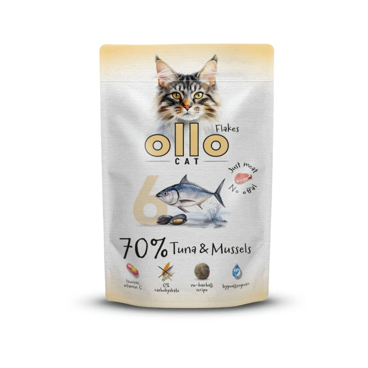 Ollo Cat nr 6 Tuńczyk i Małże – opakowanie mokrej karmy uzupełniającej dla kota