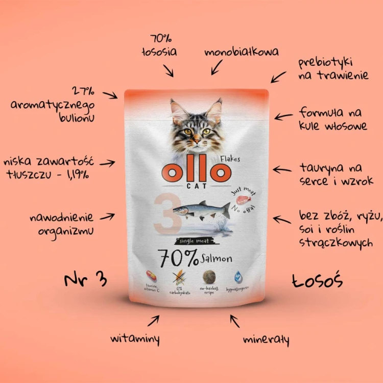 Ollo Cat nr 3 Łosoś – infografika z najważniejszymi cechami receptury