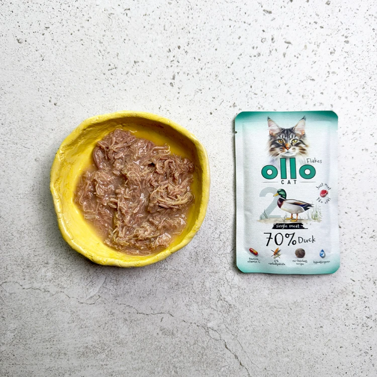 Mokra karma Ollo Cat nr 2 Kaczka w misce obok saszetki 85 g