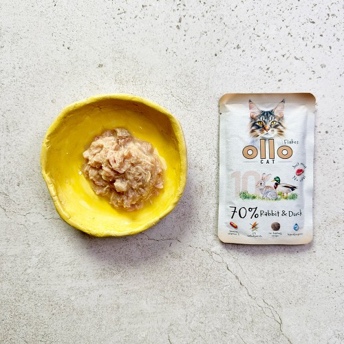 Ollo Cat nr 10 Królik i Kaczka obok miski z mokrą karmą