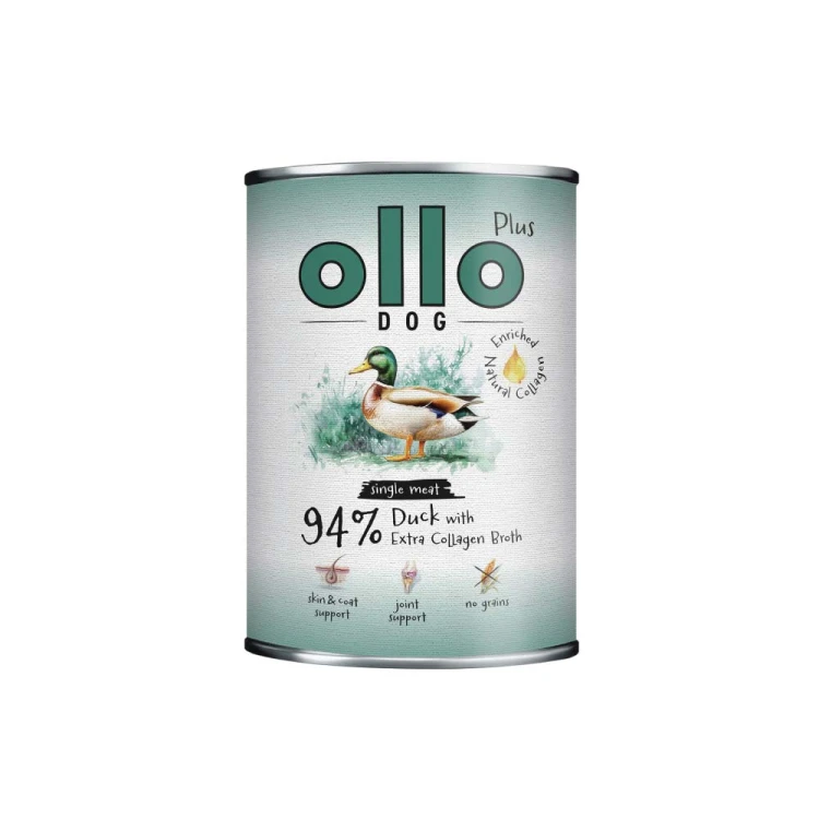 Puszka Ollo Plus Kolagen Kaczka 400 g z ilustracją kaczki