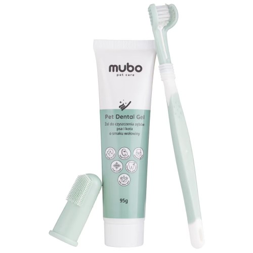 Mubo Dental Care Kit z pastą 95 g, trójstronną szczoteczką i nakładką na palec