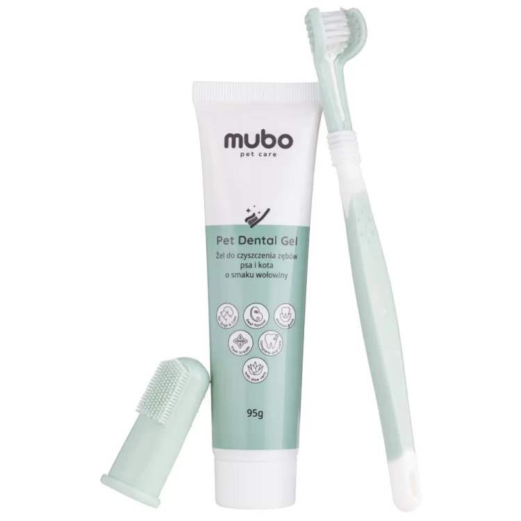 Mubo Dental Care Kit z pastą 95 g, trójstronną szczoteczką i nakładką na palec