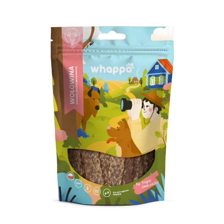 Opakowanie Whappa Funkcjonalne paski dla psa z wołowiną, drożdżami browarniczymi i spiruliną 70 g