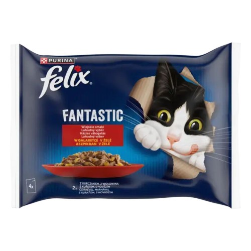 Opakowanie Felix Fantastic Wiejskie Smaki w galaretce z kurczakiem i wołowiną 4 × 85 g