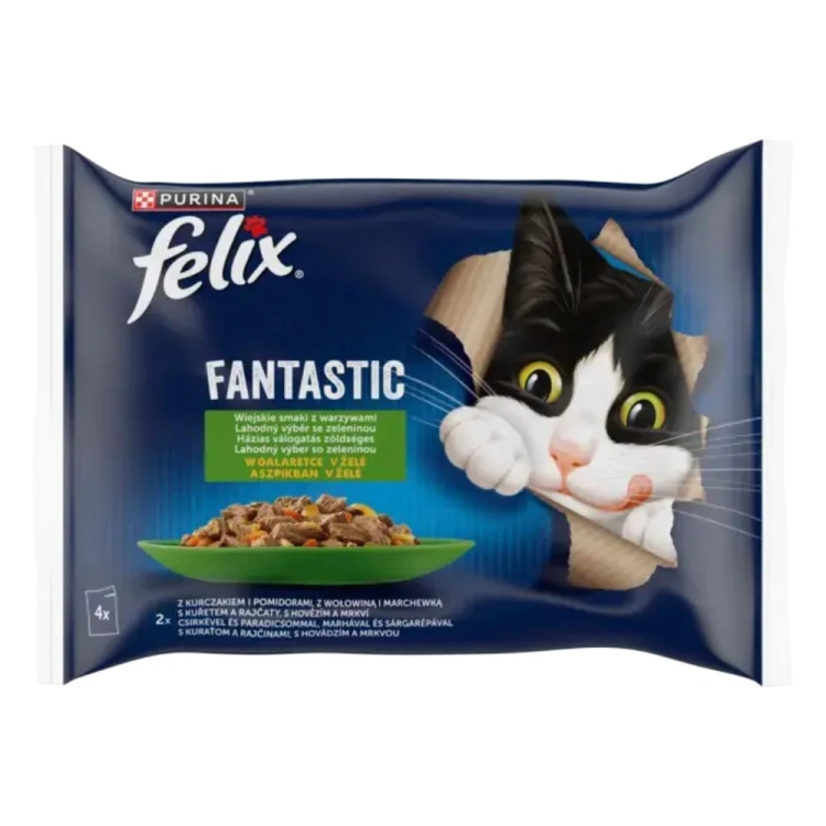 Opakowanie Felix Fantastic Wiejskie Smaki 4 × 85 g z kurczakiem i pomidorami oraz wołowiną i marchewką w galaretce