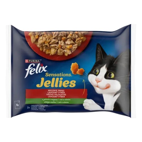 Opakowanie Felix Sensations Jellies Wiejskie Smaki 4 × 85 g z wołowiną i pomidorami oraz kurczakiem i marchewką