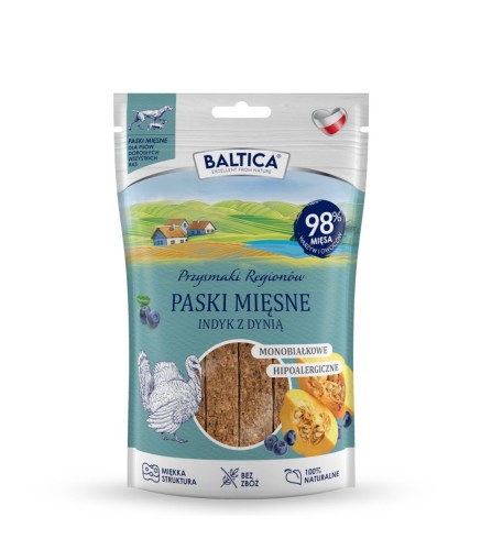Baltica Smaki Regionów Paski Mięsne Indyk z Dynią 90 g w opakowaniu