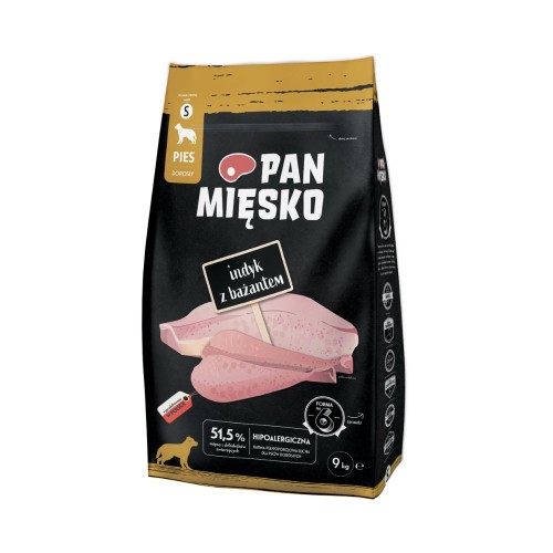 Pan Mięsko Indyk z Bażantem 9 kg – opakowanie suchej karmy dla dorosłych psów, chrupki S