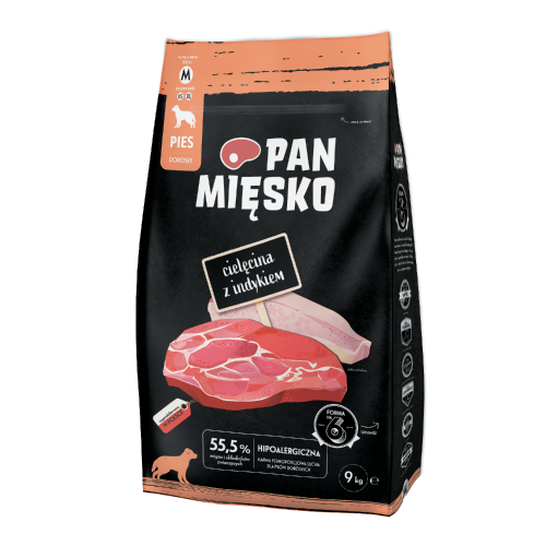Pan Mięsko Cielęcina z Indykiem 9 kg – opakowanie suchej karmy dla dorosłych psów
