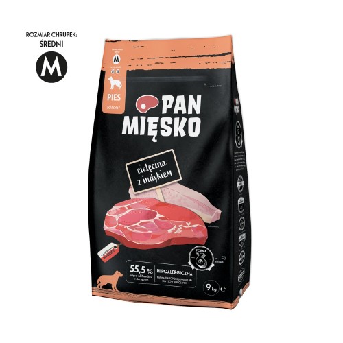 Pan Mięsko Cielęcina z Indykiem 9 kg z oznaczeniem średniego rozmiaru chrupek M