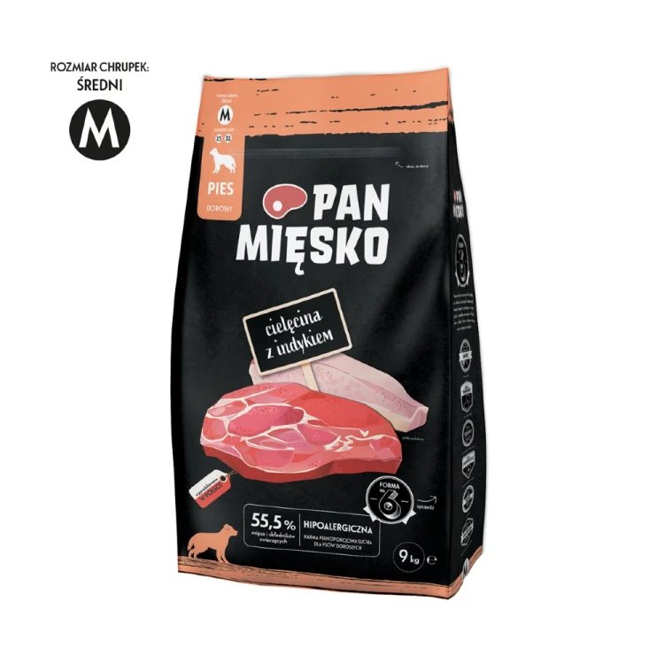 Pan Mięsko Cielęcina z Indykiem 9 kg z oznaczeniem średniego rozmiaru chrupek M