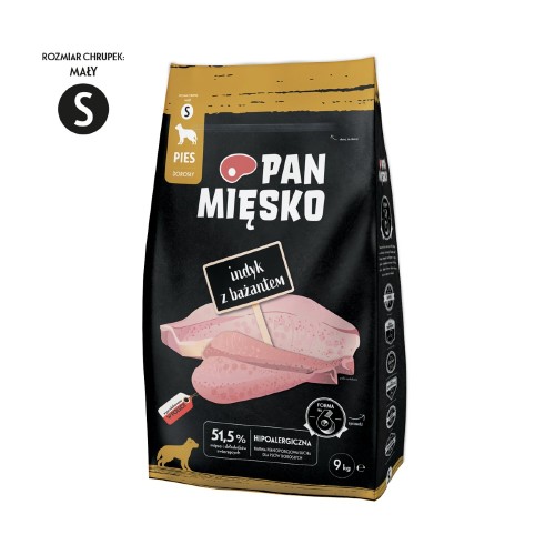 Pan Mięsko Indyk z Bażantem 9 kg – opakowanie karmy z oznaczeniem rozmiaru chrupek S