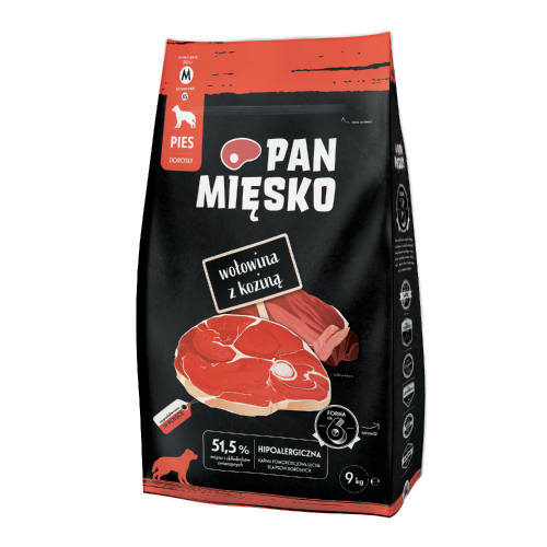 Pan Mięsko Wołowina z Koziną 9 kg – opakowanie suchej karmy dla dorosłych psów, chrupki M