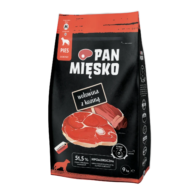 Pan Mięsko Wołowina z Koziną 9 kg – opakowanie suchej karmy dla dorosłych psów, chrupki M