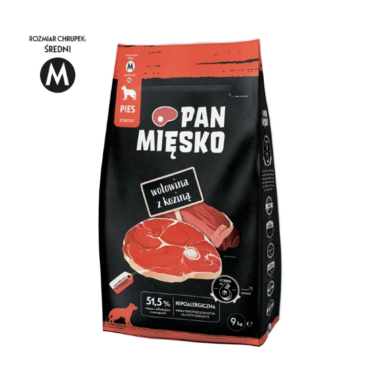 Pan Mięsko Wołowina z Koziną 9 kg – opakowanie karmy z oznaczeniem średniego rozmiaru chrupek M