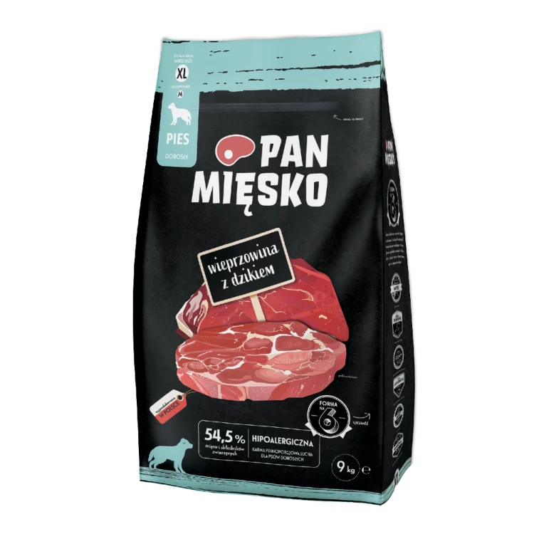 Pan Mięsko Wieprzowina z Dzikiem 9 kg – opakowanie suchej karmy dla dorosłych psów, chrupki XL