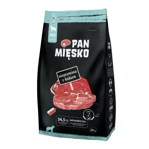 Pan Mięsko Wieprzowina z Dzikiem 20 kg – opakowanie suchej karmy dla dorosłych psów