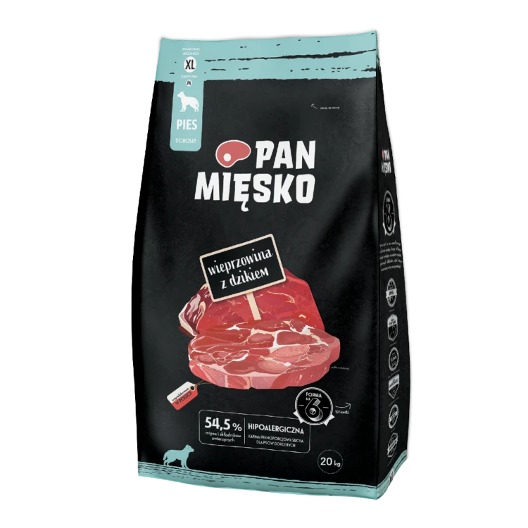 Pan Mięsko Wieprzowina z Dzikiem 20 kg – opakowanie suchej karmy dla dorosłych psów