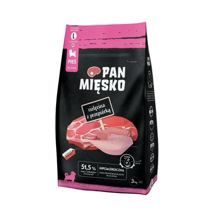 Pan Mięsko Cielęcina z Przepiórką 3 kg – opakowanie suchej karmy dla szczeniąt
