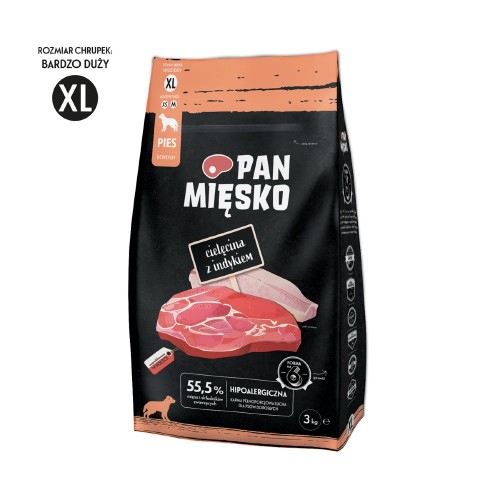 Opakowanie karmy Pan Mięsko Cielęcina z Indykiem 3 kg z oznaczeniem rozmiaru chrupek XL