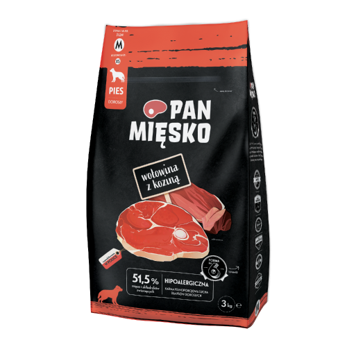 Pan Mięsko Wołowina z Koziną 3 kg, opakowanie suchej karmy dla dorosłych psów, chrupki M