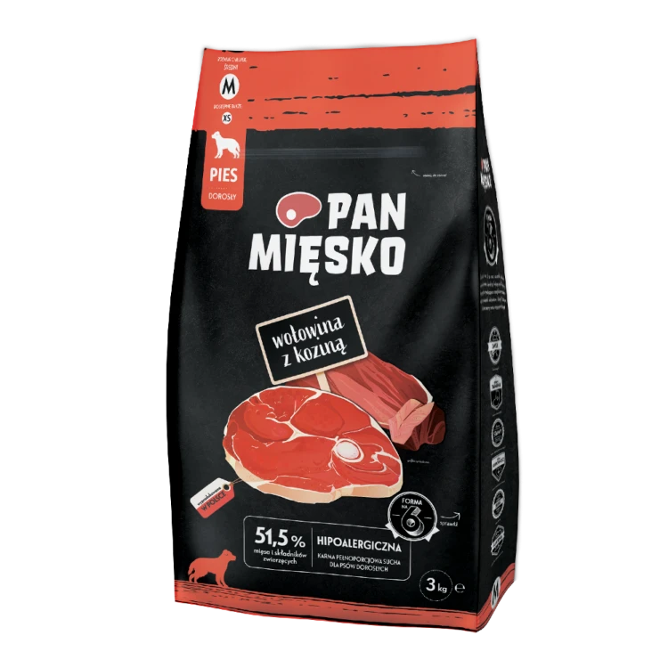Pan Mięsko Wołowina z Koziną 3 kg, opakowanie suchej karmy dla dorosłych psów, chrupki M