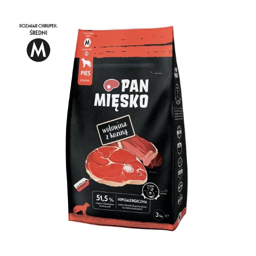 Opakowanie Pan Mięsko Wołowina z Koziną 3 kg z oznaczeniem rozmiaru chrupek M