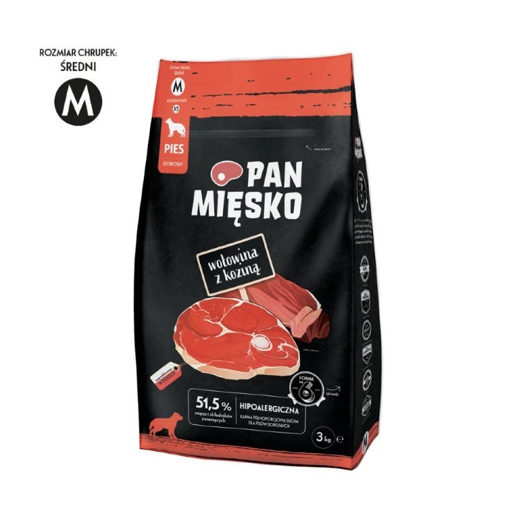 Opakowanie Pan Mięsko Wołowina z Koziną 3 kg z oznaczeniem rozmiaru chrupek M