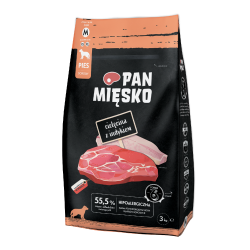 Pan Mięsko Cielęcina z Indykiem 3 kg – opakowanie suchej karmy dla dorosłych psów