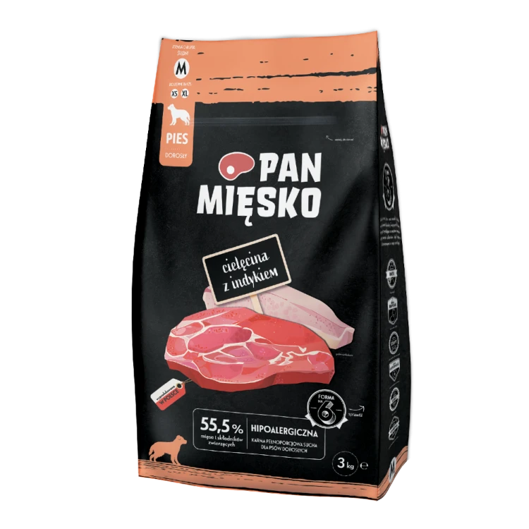 Pan Mięsko Cielęcina z Indykiem 3 kg – opakowanie suchej karmy dla dorosłych psów