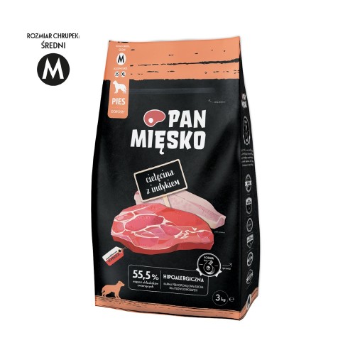 Pan Mięsko Cielęcina z Indykiem 3 kg – opakowanie karmy z oznaczeniem rozmiaru chrupek M