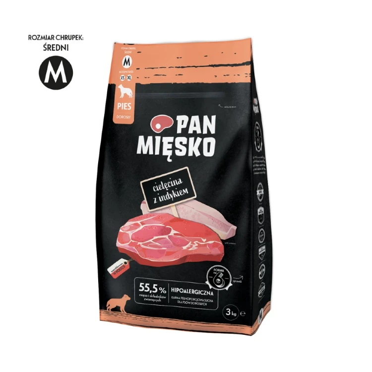 Pan Mięsko Cielęcina z Indykiem 3 kg – opakowanie karmy z oznaczeniem rozmiaru chrupek M