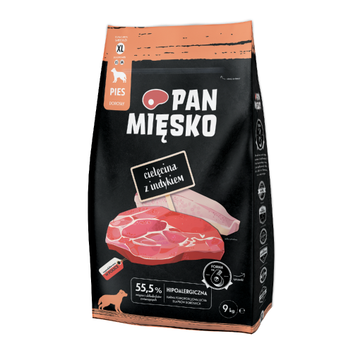 Pan Mięsko Cielęcina z Indykiem 9 kg, opakowanie suchej karmy dla dorosłych psów z chrupkami XL