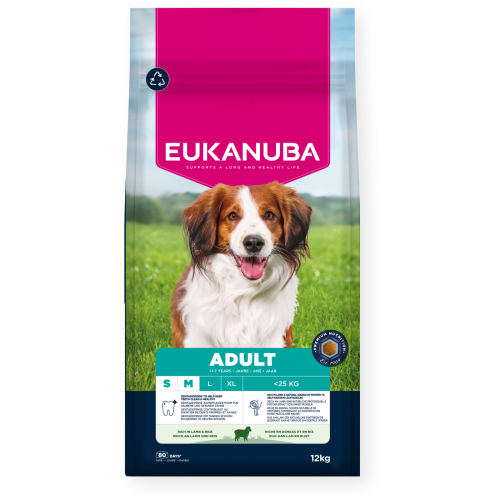 Opakowanie EUKANUBA Adult Small & Medium Breed Jagnięcina i Ryż 12 kg z wizerunkiem psa