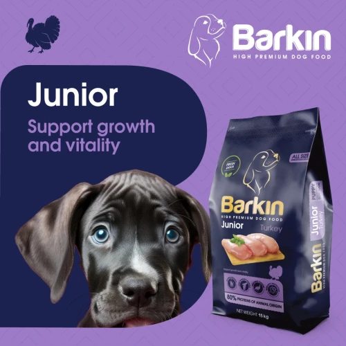 Barkin Junior Turkey 15 kg z wizerunkiem szczeniaka i opakowaniem karmy