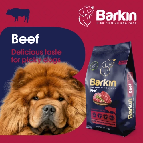 Barkin Beef Wołowina 15 kg – opakowanie karmy obok psa