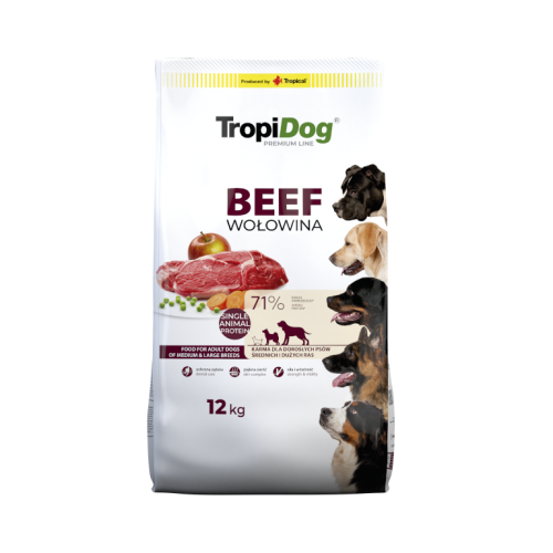 TropiDog Premium Adult Medium & Large Beef 12 kg – opakowanie karmy dla dorosłych psów